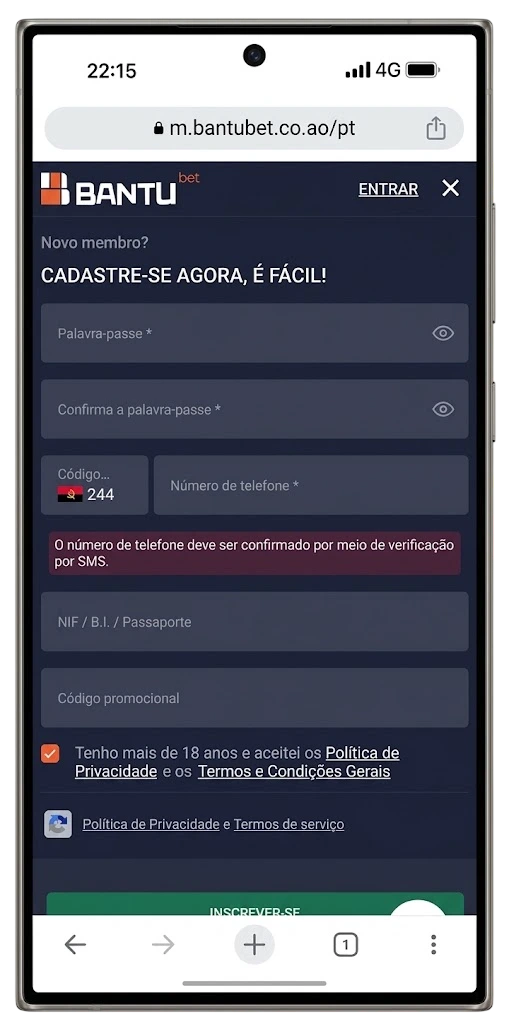 Tela do formulário de registo